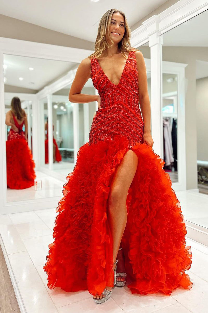 Red V Neck Sequins Ruffle Mermaid Long Prom Dresses MD4012102