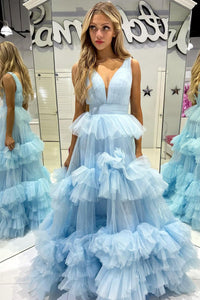 A-Line V Neck Ruffle Tiered Tulle Long Prom Dress MD4021805