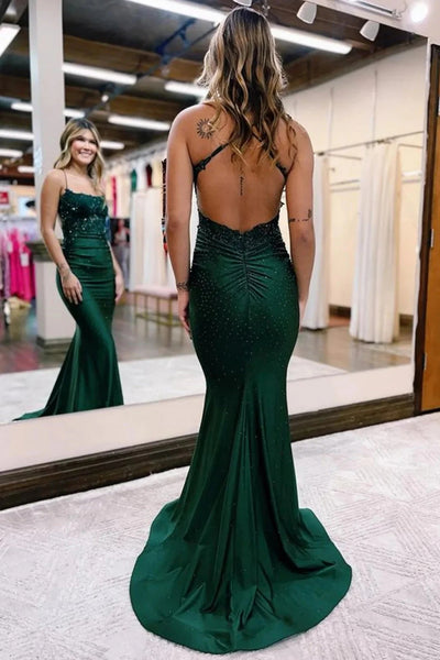 Sparkly Mermaid Dark Green Beaded Long Prom Dress with Appliques DM3082801