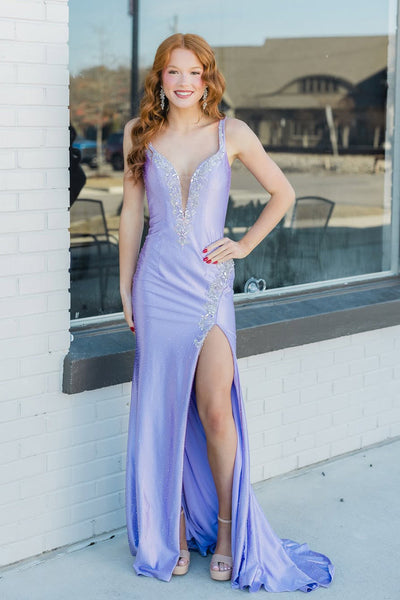 Mermaid V Neck Lilac Satin Beads Long Prom Dresses with Slit DM16021510