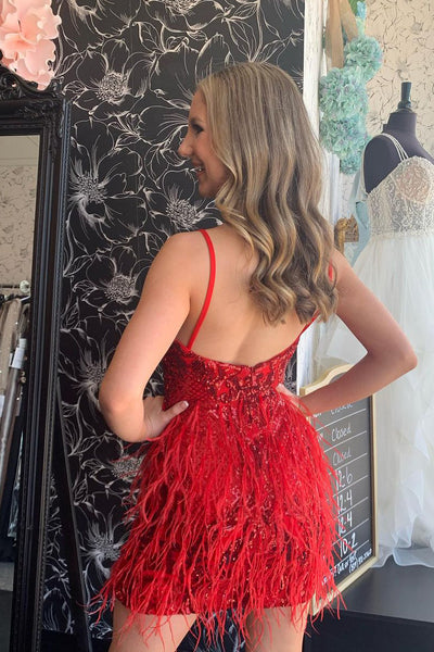 Cute Bodycon Strapless Red Sequins Lace Short Homecoming Dresses with Feather MD0802805