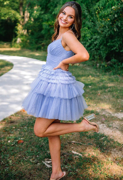 Blue V-Neck Multilayer Tulle Pleated A Line Short Homecoming Dress MD091106