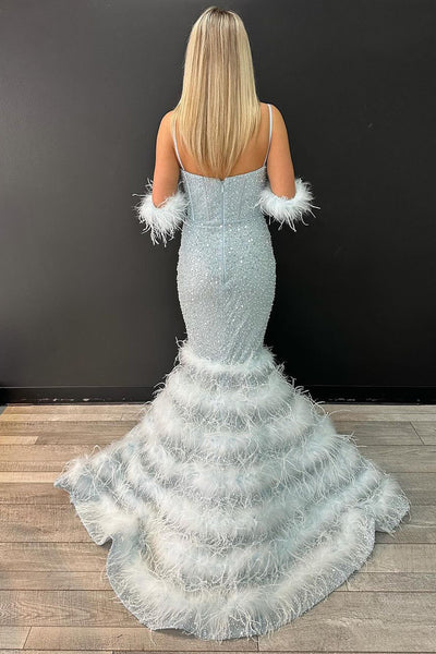 Unique Mermaid V Neck Light Blue Sequins Long Prom Dress with Feather MD4022704