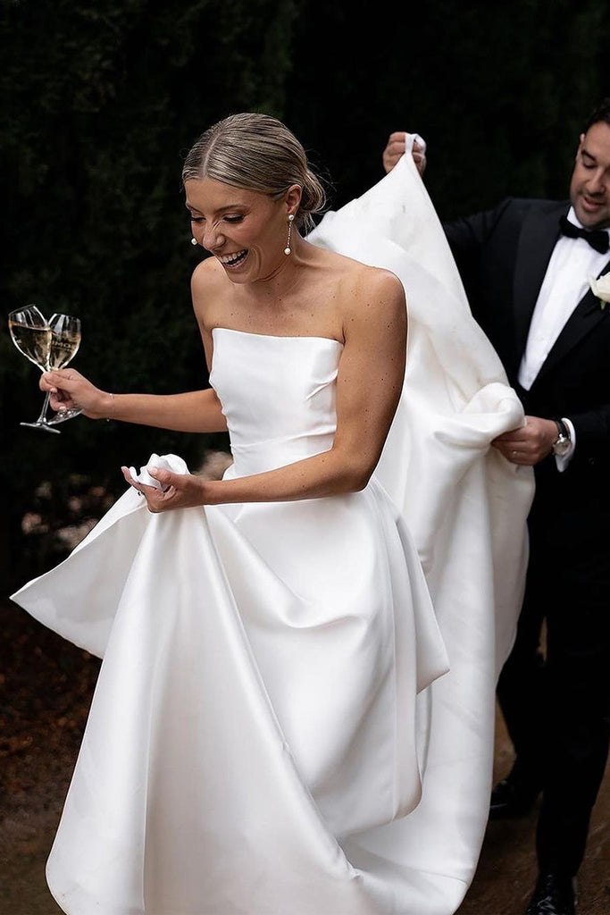 A-Line Strapless Satin Wedding Dresses MD4010808 Dressmeet A-Line Strapless Satin Wedding Dresses MD4010808 Dressmeet