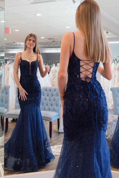Glitter Mermaid Navy Blue Sequins Long Prom Dress with Appliques MD4041201