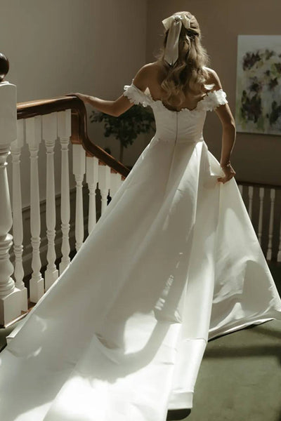 Romantic A Line Off the Shoulder White Satin Wedding Dresses DM24070809