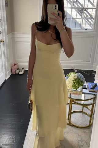Simple Yellow Spaghetti Straps Scoop Layered Sleeveless Long Prom Dress DM25101708