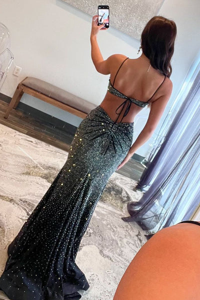 Cute Mermaid Scoop Neck Black Glitter Beading Slit Prom Dress DM241201