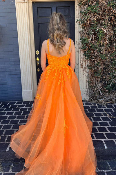 Orange Sweetheart Tulle Mermaid Long Prom Dresses with Appliques MD4010603