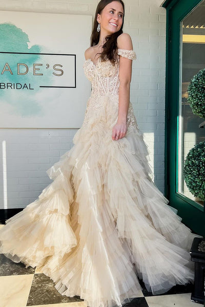 A-Line Off the Shoulder Champagne Ruffle Tiered Tulle Long Prom Dress MD4021505