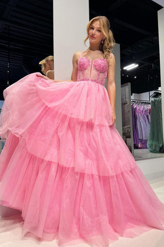 Pink Sweetheart Ruffle Tiered Tulle Prom Dress MD4050605
