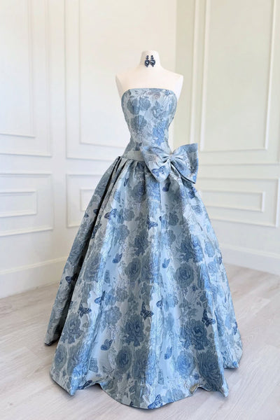 Gorgeous Ball Gown Strapless Jacquard Satin Prom Dress with Bow DM52122208