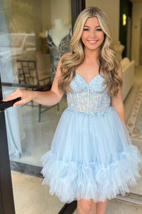 Light Blue Ruffle Tulle Short Homecoming Dresses with Appliques DM24080305