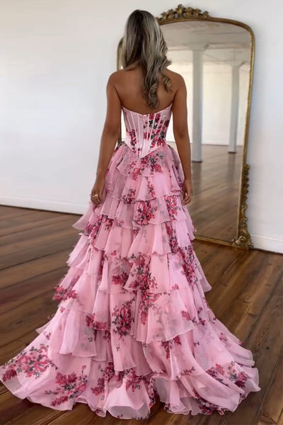 Fashion A Line Sweetheart Floral Printed Chiffon Tiered Prom Dress DM24122403