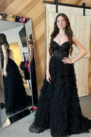 Black Sweetheart Tulle A-Line Long Prom Dress with Appliques MD4011001