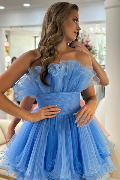 Light Blue A-Line Strapless Pleated Short Homecoming Dress with Ruffles MD090404