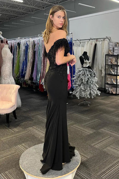 Mermaid Off the Shoulder Black Lace Slit Prom Dresses with Feather DM24121701