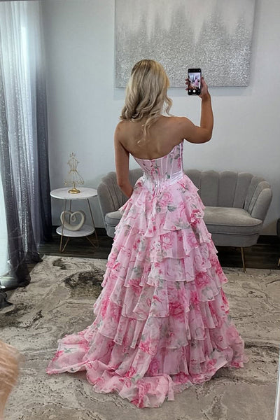 Gorgeous A Line Sweetheart Pink White Floral Chiffon Tiered Prom Dress with Appliques DM52112702
