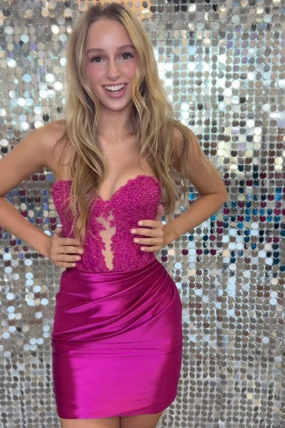 Fuchsia Bodycon Strapless Satin Short Homecoming Dresses with Appliques DM24071307