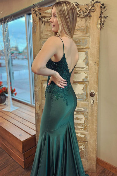 Dark Green V Neck Satin Mermaid Long Prom Dress with Appliques MD4040704