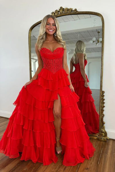 A Line Sweetheart Chiffon Tiered Slit Prom Dress with Appliques DM15010501