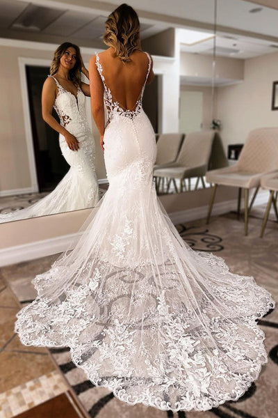 Charming Mermaid V Neck Lace Wedding Dresses DM24062903