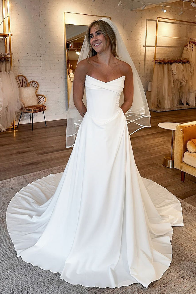 Elegant A Line Scoop Neck Elastic Satin Long Wedding Dresses DM24101508 Dressmeet Elegant A Line Scoop Neck Elastic Satin Long Wedding Dresses DM24101508 Dressmeet
