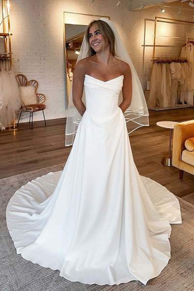 Elegant A Line Scoop Neck Elastic Satin Long Wedding Dresses DM24101508