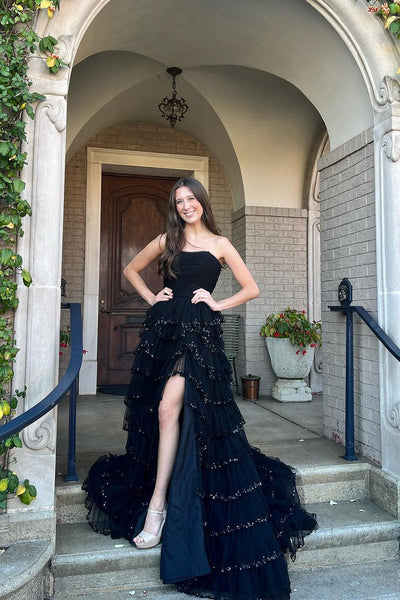 Black Strapless Tiered Tulle Long Prom Dresses MD4010605