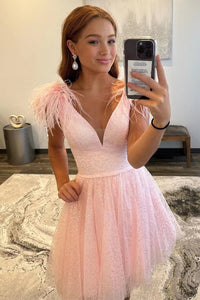 Pink Sequin-Embroidery V-Neck A-Line Homecoming Dress with Feathers LD3070702