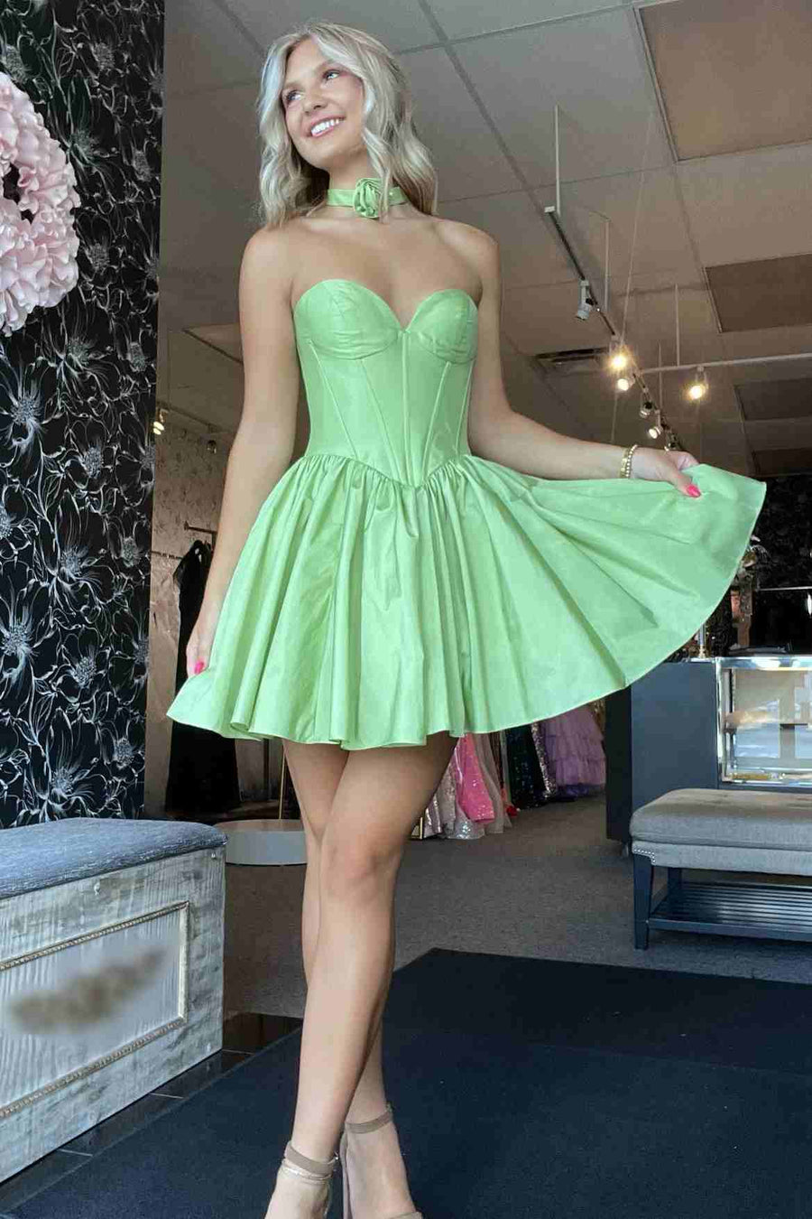 Sage Green Strapless Satin Short Homecoming Dresses DM24080302 Dressmeet Sage Green Strapless Satin Short Homecoming Dresses DM24080302 Dressmeet
