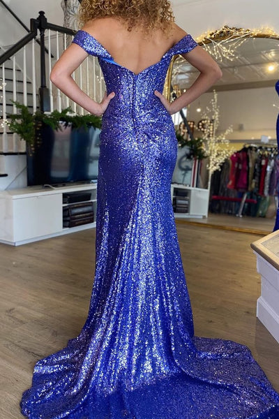 Sparkly Mermaid Off the Shoulder Purple Sequins Corset Prom Dress with Split Front MD121703