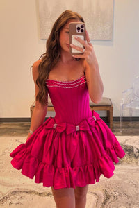 Fuchsia Satin Strapless Short Homecoming Dresses with Bows DM24081006