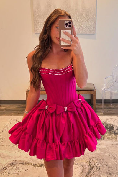 Fuchsia Satin Strapless Short Homecoming Dresses with Bows DM24081006