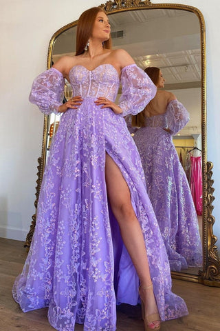 Sparkle Princess Lavender Bustier Puff Sleeve Lace Long Prom Gown MD092702