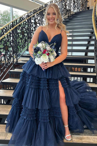 Navy Blue V Neck Ruffle Tiered Tulle Prom Dress with Slit MD4050802