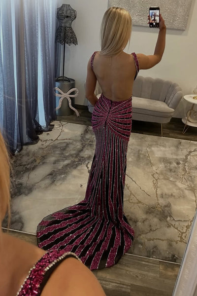 Luxurious Mermaid V Neck Sequins Cutout Backless Long Prom Dresses with Slit DM16021001