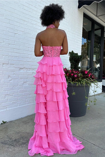 Pink Halter Tiered Chiffon Long Prom Dresses with Appliques MD112208