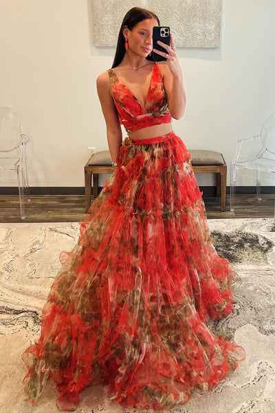 Two Piece V Neck Floral Printed Long Prom Dress MD4031003