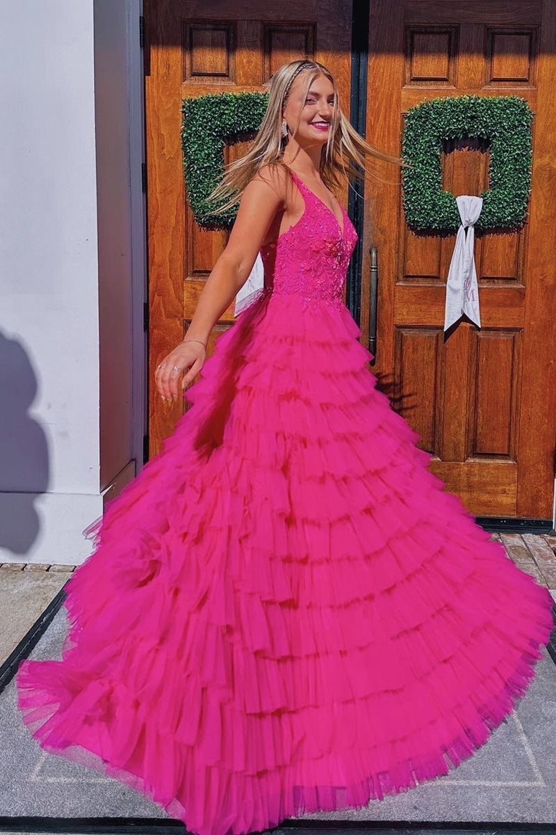 Fuchsia Tulle V Neck A-Line Long Prom Dress with Appliques MD112408