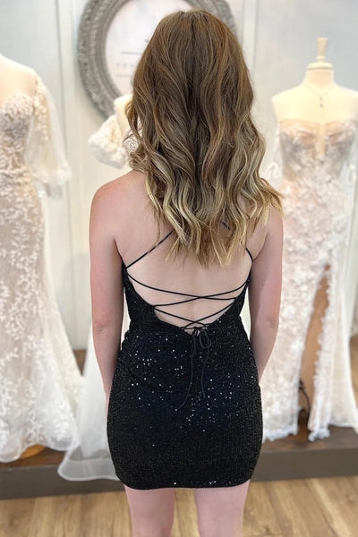 Black Spaghetti Straps Sequins Backless Tight Homecoming Dress LD3062303