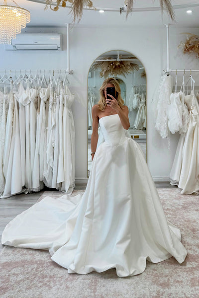 Simple A-Line Strapless White Satin Wedding Dresses with Train DM26103002