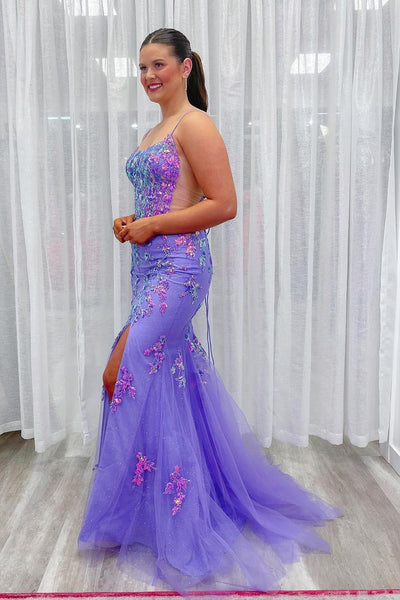 Mermaid Scoop Neck Lavender Sequins Appliques Long Prom Dress MD4030504