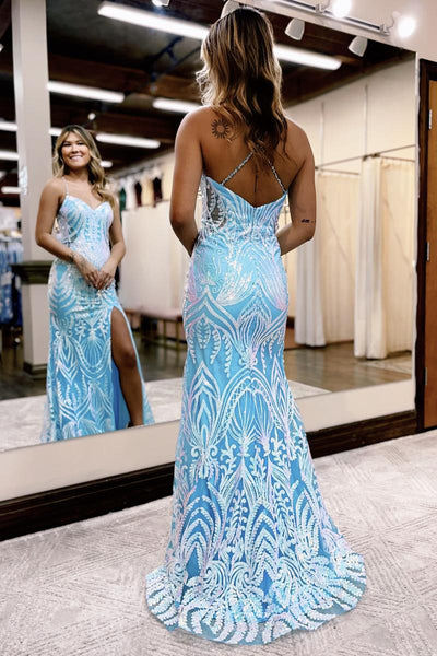 Charming Light Blue Sequins Lace V Neck Mermaid Long Prom Dress MD4031201