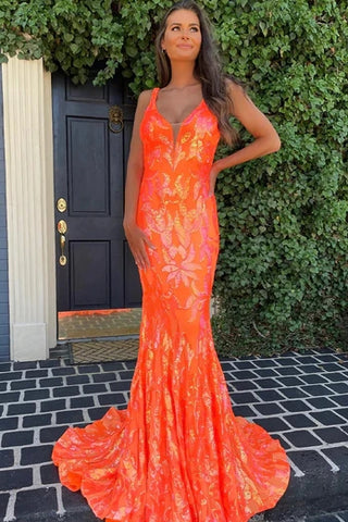 Sparkly Orange Sequin V-Neck Mermaid Long Prom Dress MD092806