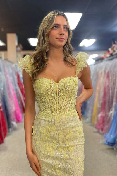 Yellow Sweetheart Sequins Lace Long Prom Dresses MD4012002