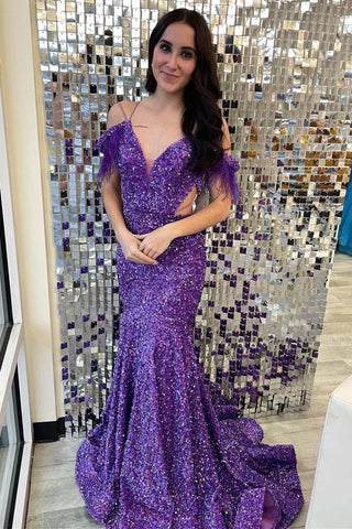 Purple Sequin V-Neck Lace-Up Mermaid Long Prom Dress MD093001