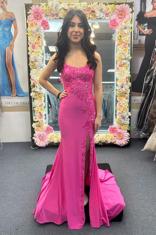 Fuchsia Scoop Neck Satin Mermaid Long Prom Dress with Appliques MD4042704