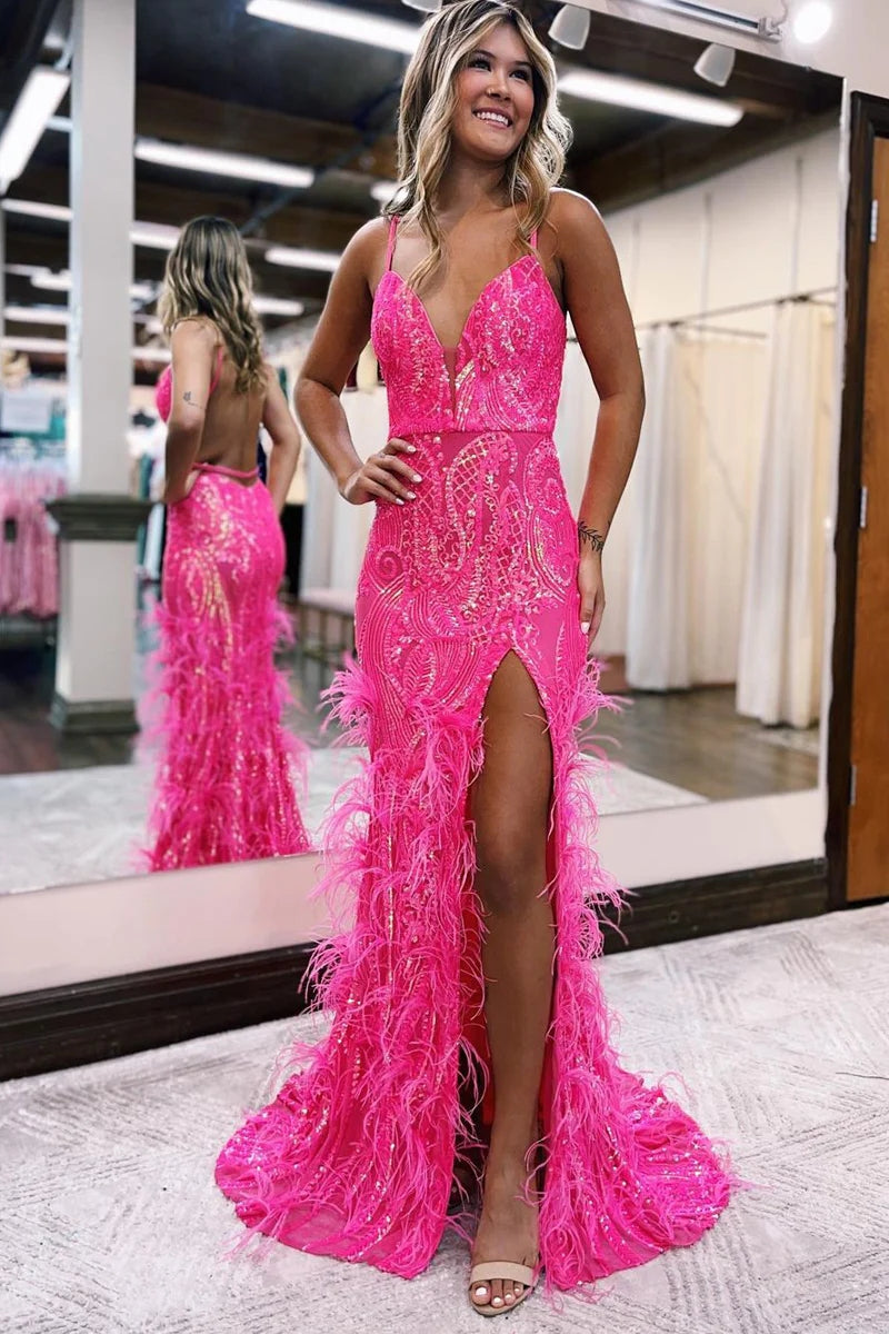 open lace back dress Pink Rhinestone Chapel Feather Train Mermaid Prom Dress main image 0