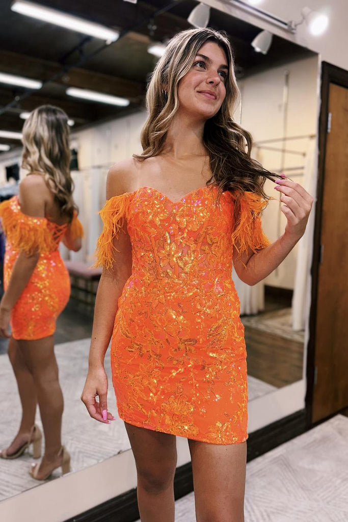 Sparkly Bodycon Sweetheart Orange Sequins Lace Short Homecoming Dresses LD30802701 Dressmeet Sparkly Bodycon Sweetheart Orange Sequins Lace Short Homecoming Dresses LD30802701 Dressmeet